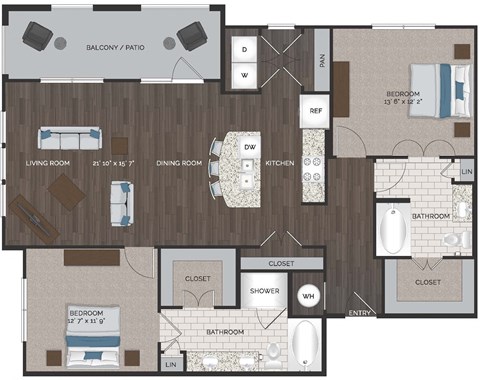 A floor plan of a house with a living room, dining room, kitchen, and two bedrooms.